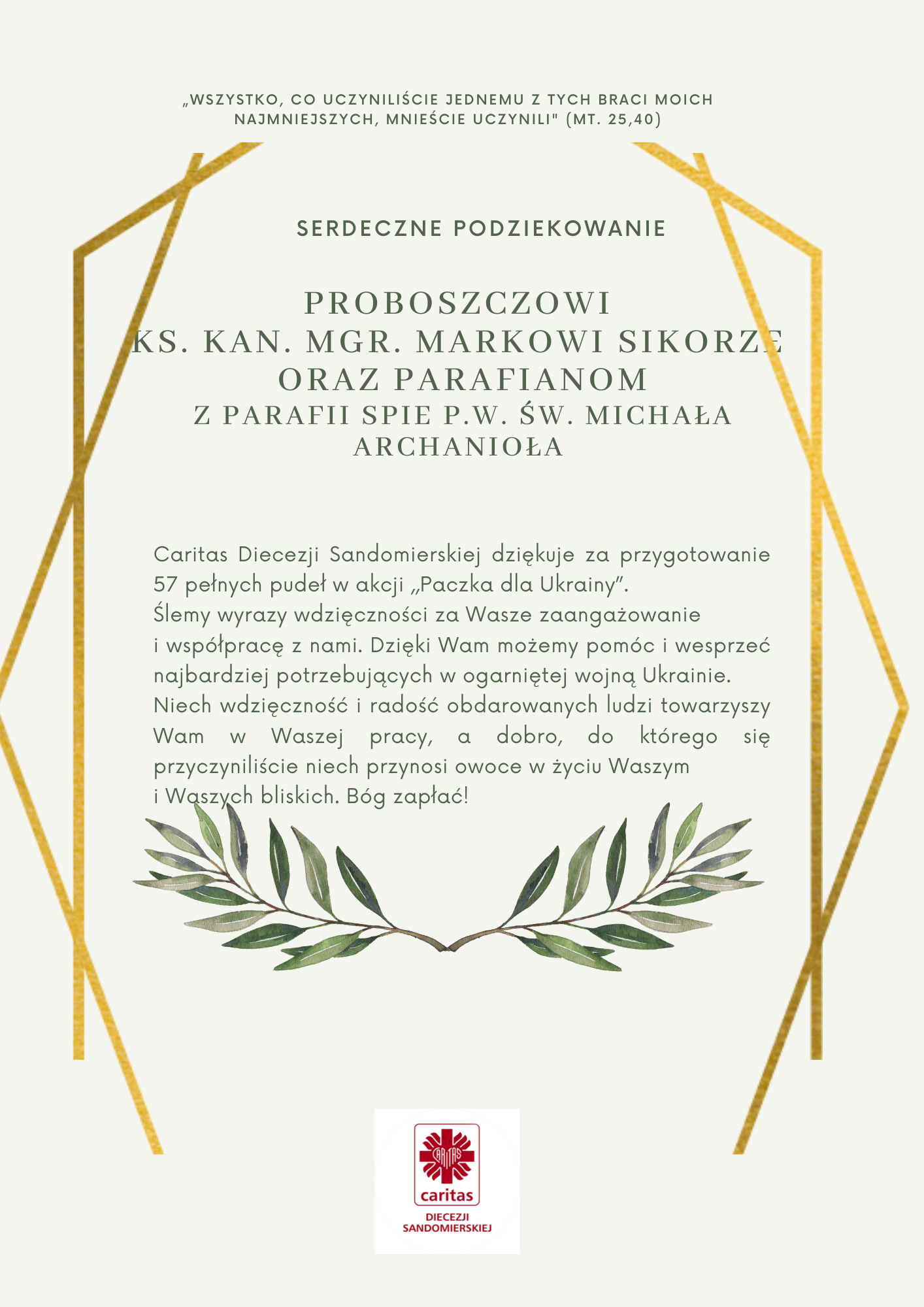 Podziękowanie dla Proboszcza oraz Parafian z Parafii Spie p.w.Św. Michała Archanioła