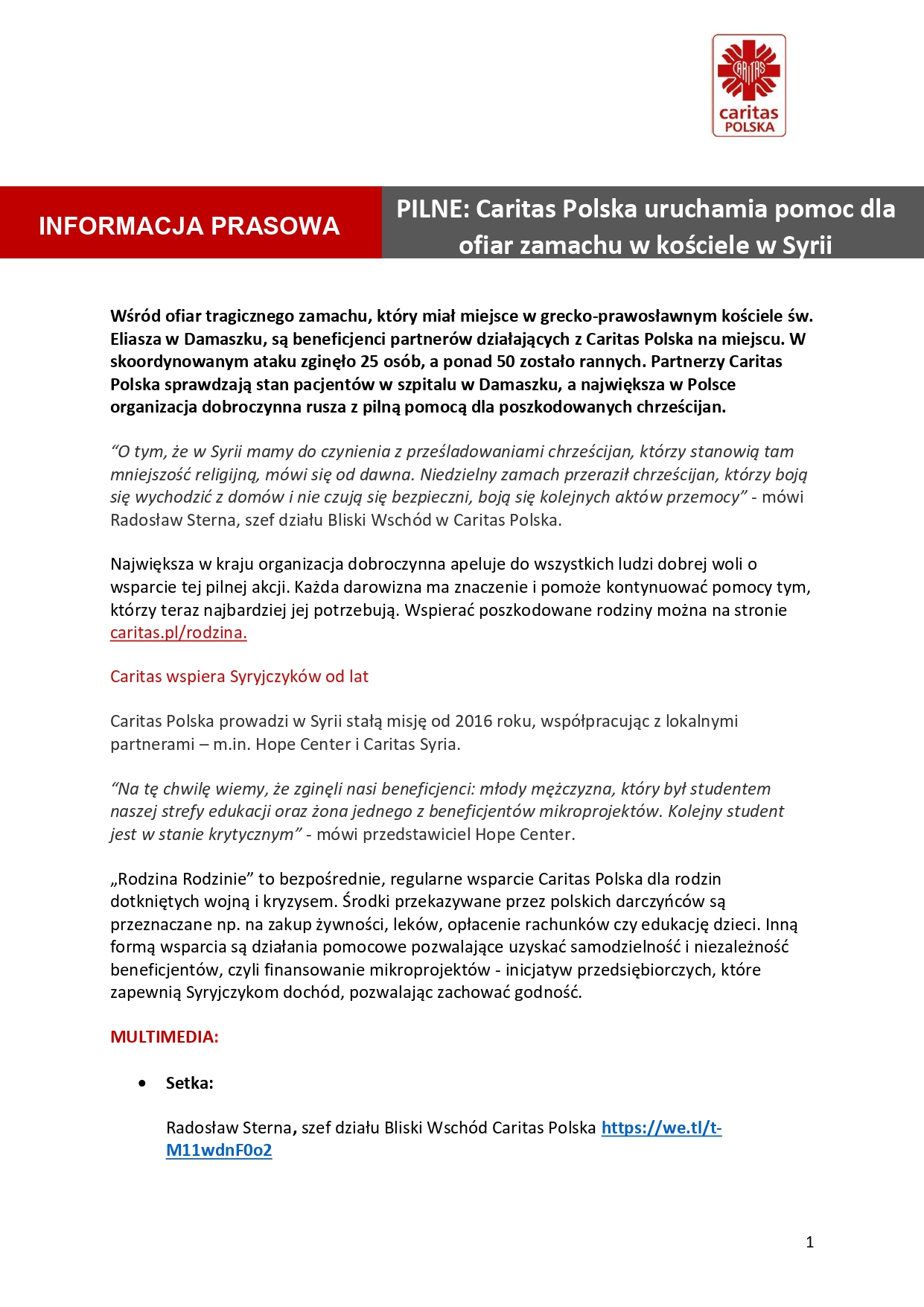 POMOC DLA OFIAR ZAMACHU W KOŚCIELE W SYRII